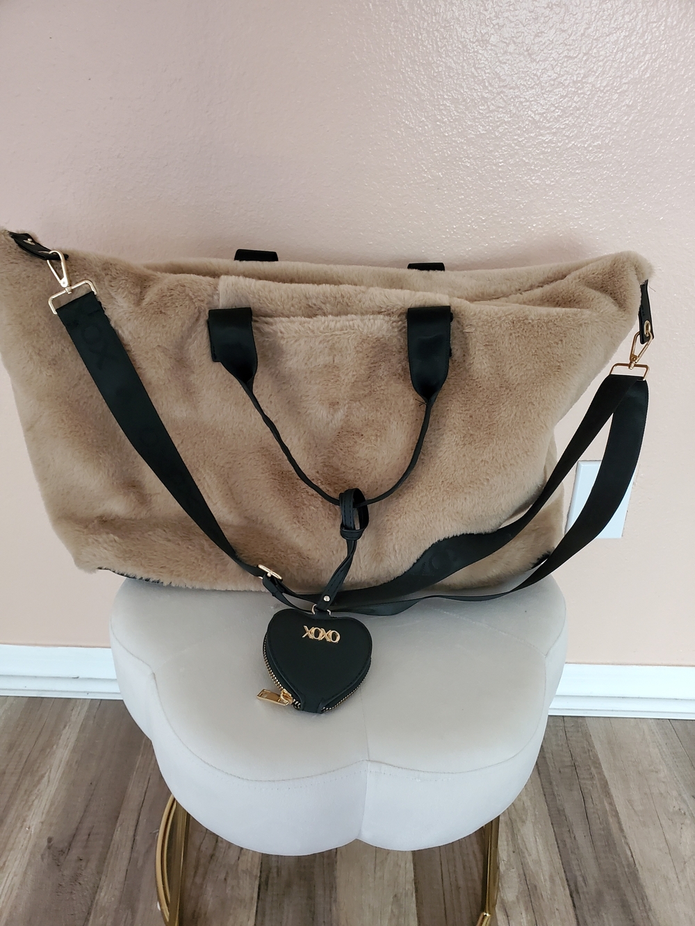 XOXO Beige Faux Fur Tote with Black Straps